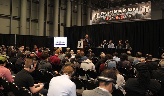 John Storyk of the Walters-Storyk Design Group moderates the discussion "New Frontiers in Project Studios" during the AES New York 2017 Project Studio Expo. Joining Storyk were producer/engineers Eddie Kramer and Scott Riesett, musical director David Rosenthal and sound designer Peter Hylenski.