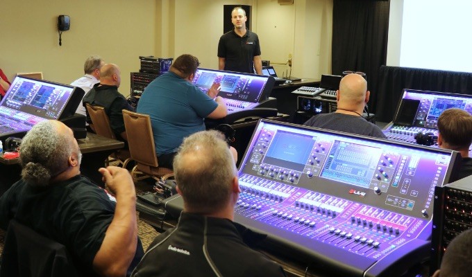 Attendees take part in Allen & Heath dLive training during AES@NAMM 2018