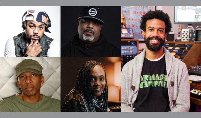 AES New York "Chopped and Looped — Inside the Art of Sampling for Hip-Hop" session panelists: Top row — Just Blaze and Breakbeat Lou; Bottom row -- Hank Shocklee and Ebonie Smith; Right — AES New York Hip-Hop and R&B Track chair Paul "Willie Green" Womack