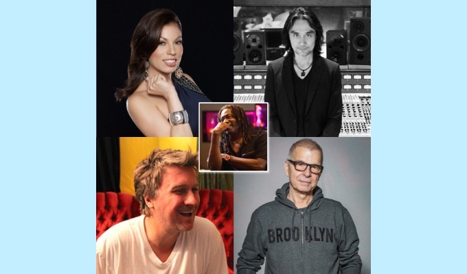 AES Show Fall 2020 Convention Platinum Engineers Special Event "Recording — Then, Now and Future" will take place Friday, October 30, at 1:00pm EDT. Panelists, shown clockwise L-R: Marcella Araica, Russell Elevado, Tony Visconti, Joe Zook; moderator Jimmy Douglass, center