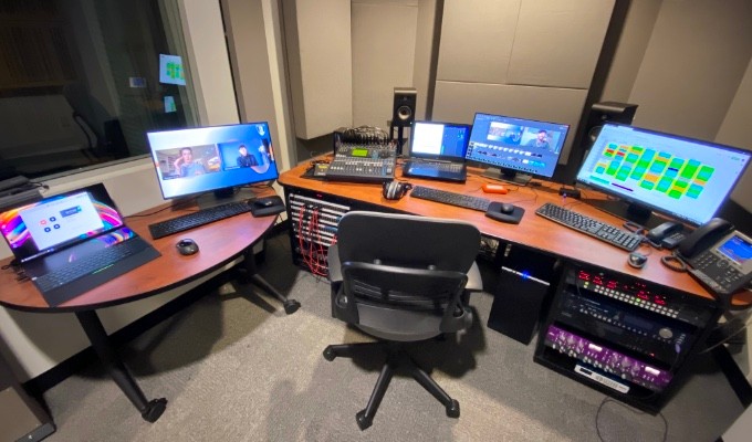 A modified control room at Central Sound at Arizona PBS utilized for audio and video production for the AES Show Fall 2020 Convention. The control rooms, typically set up as multi-user production rooms, were optimized for a single user to ensure the operator was isolated from others during the pandemic.