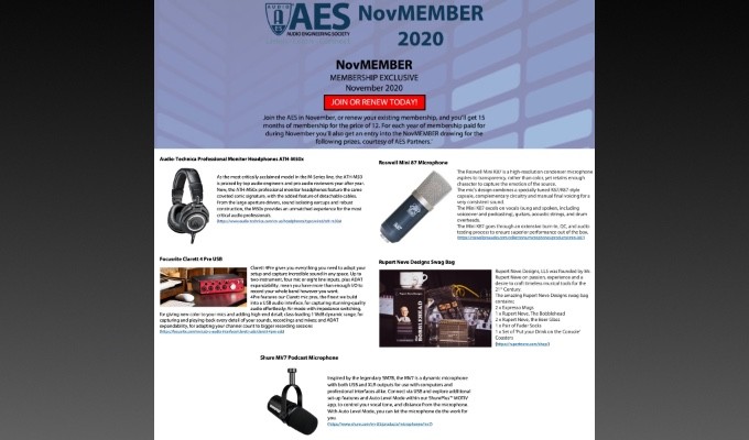 The Audio Engineering Society has announced winners of its NovMember membership promotion giveaway