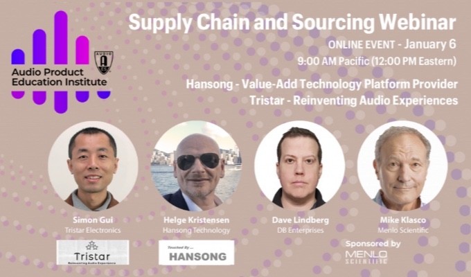The AES Audio Product Education Institute will host its fourth online event addressing Supply Chain & Sourcing on Wednesday, January 6, at 12:00pm EST.