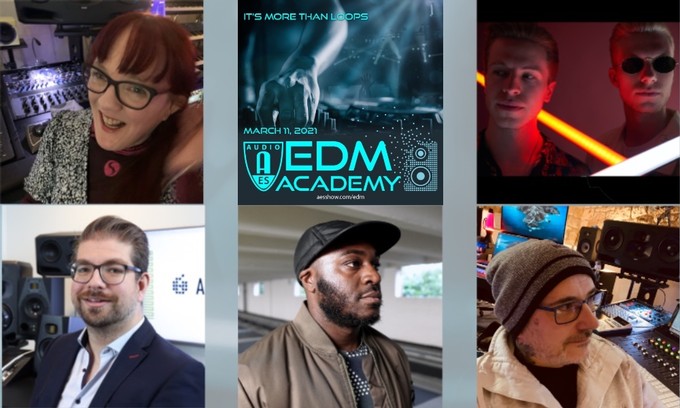 The AES is set to premiere its first-ever EDM Academy event on March 11, 2021. Shown clockwise: Alex Bartles, AES EDM Academy co-chair; Funk Cartel brothers Rory and Cam Cochrane; Dr. Rick Snoman, AES EDM Academy co-chair; Roska, artist/producer/DJ; and Stephan Mauer, Product Manager for Studio Monitoring at ADAM Audio.