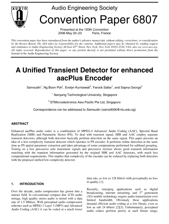 AES E-Library » A Unified Transient Detector for Enhanced aacPlus