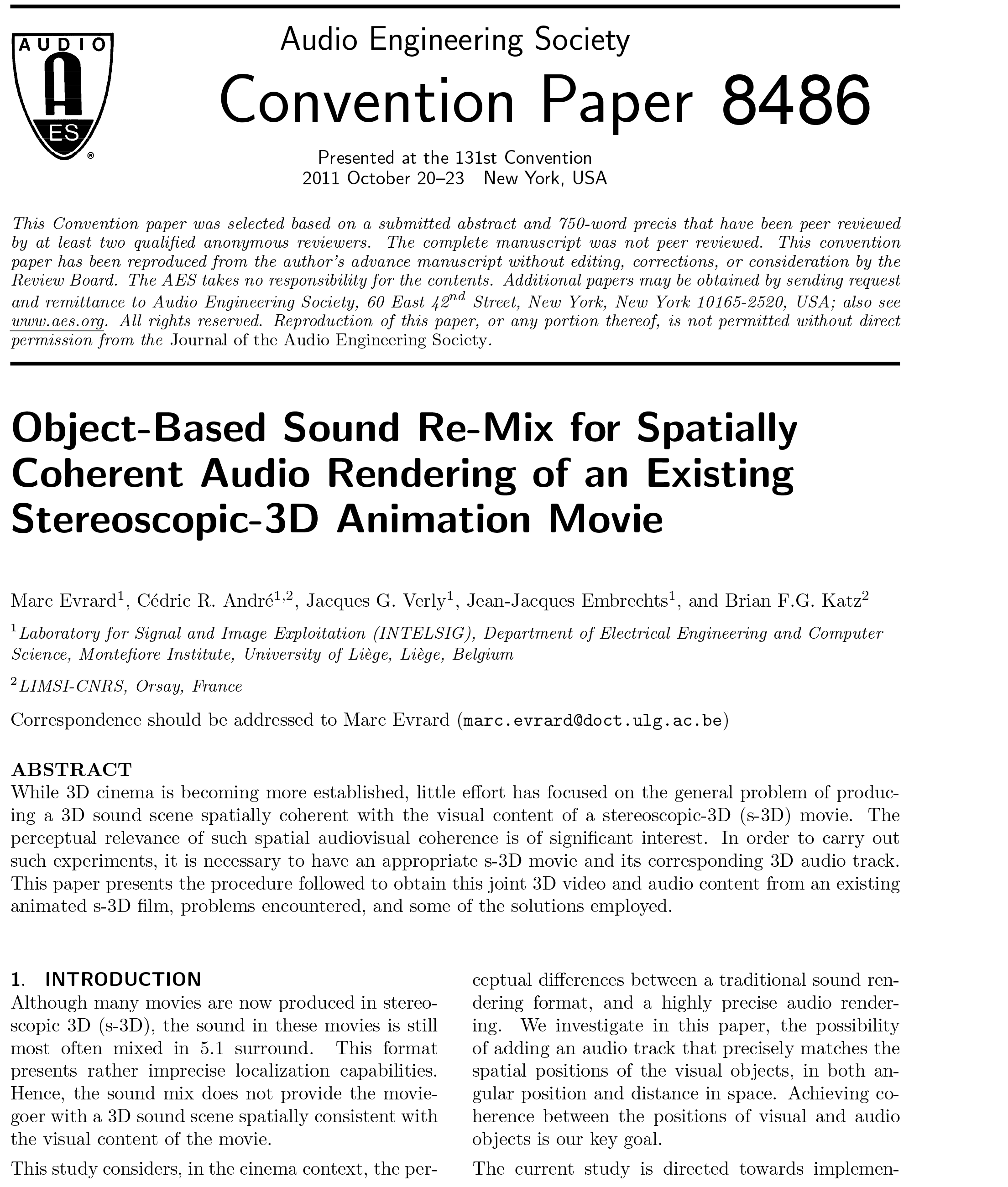 AES E-Library » Object-Based Sound Re-Mix for Spatially Coherent Audio  Rendering of an Existing Stereoscopic-3D Animation Movie