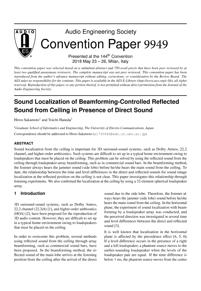 Aes E Library Sound Localization Of Beamforming Controlled Reflected Sound From Ceiling In Presence Of Direct Sound