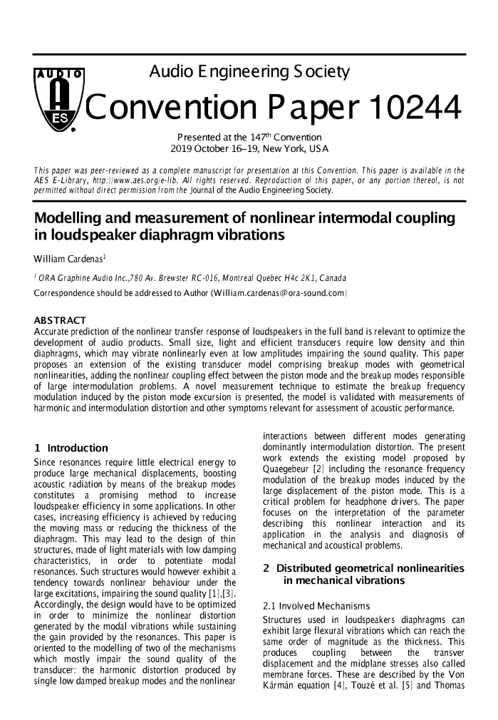 AES E-Library » Modelling and Measurement of Nonlinear Intermodal Coupling  in Loudspeaker Diaphragm Vibrations