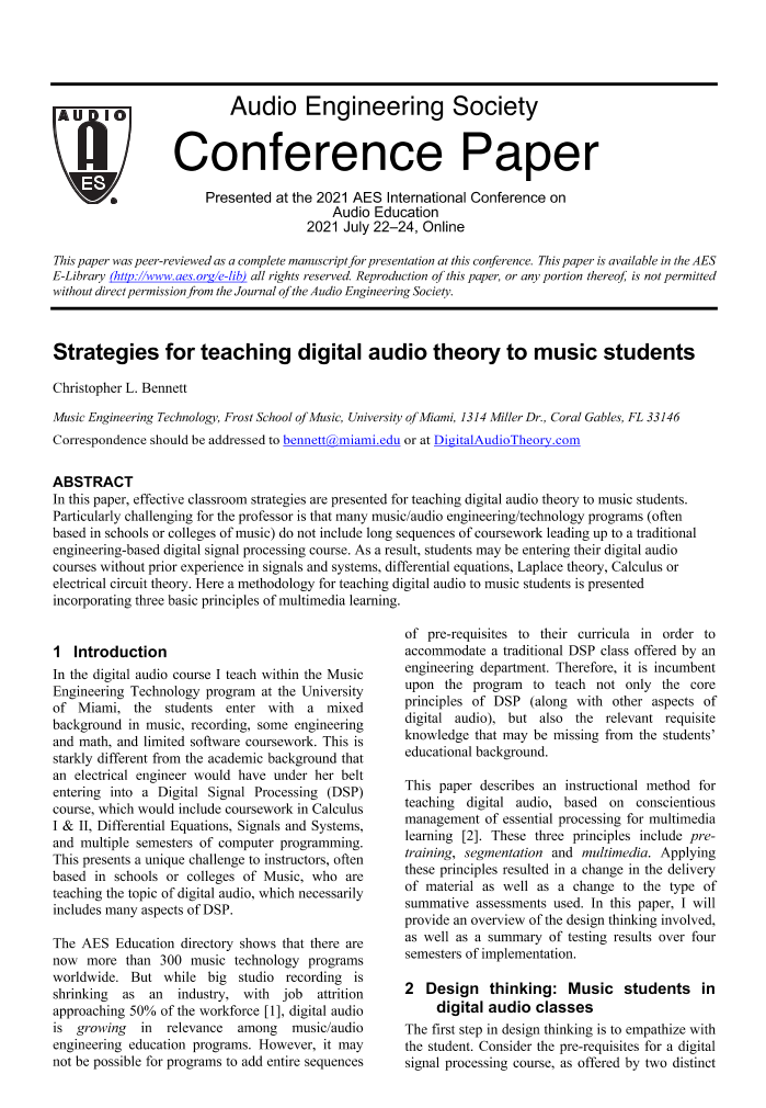 AES E-Library » Strategies for teaching digital audio theory to music  students