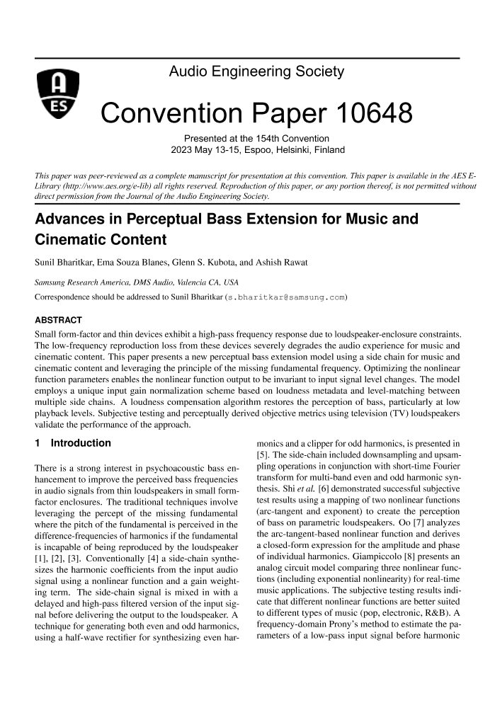 AES E-Library » Advances in Perceptual Bass Extension for Music and  Cinematic Content