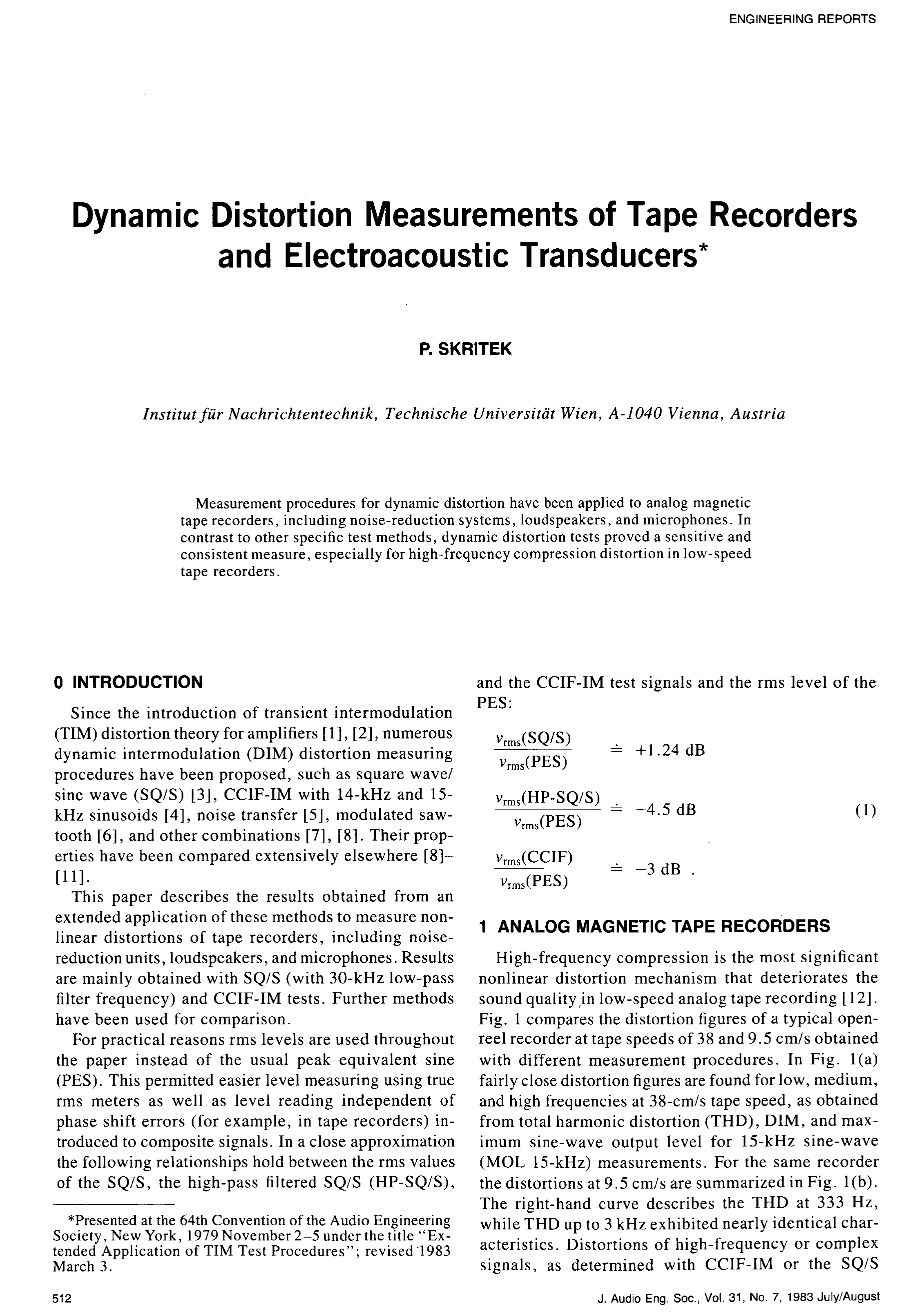 AES E-Library » Dynamic Distortion Measurements of Tape Recorders 