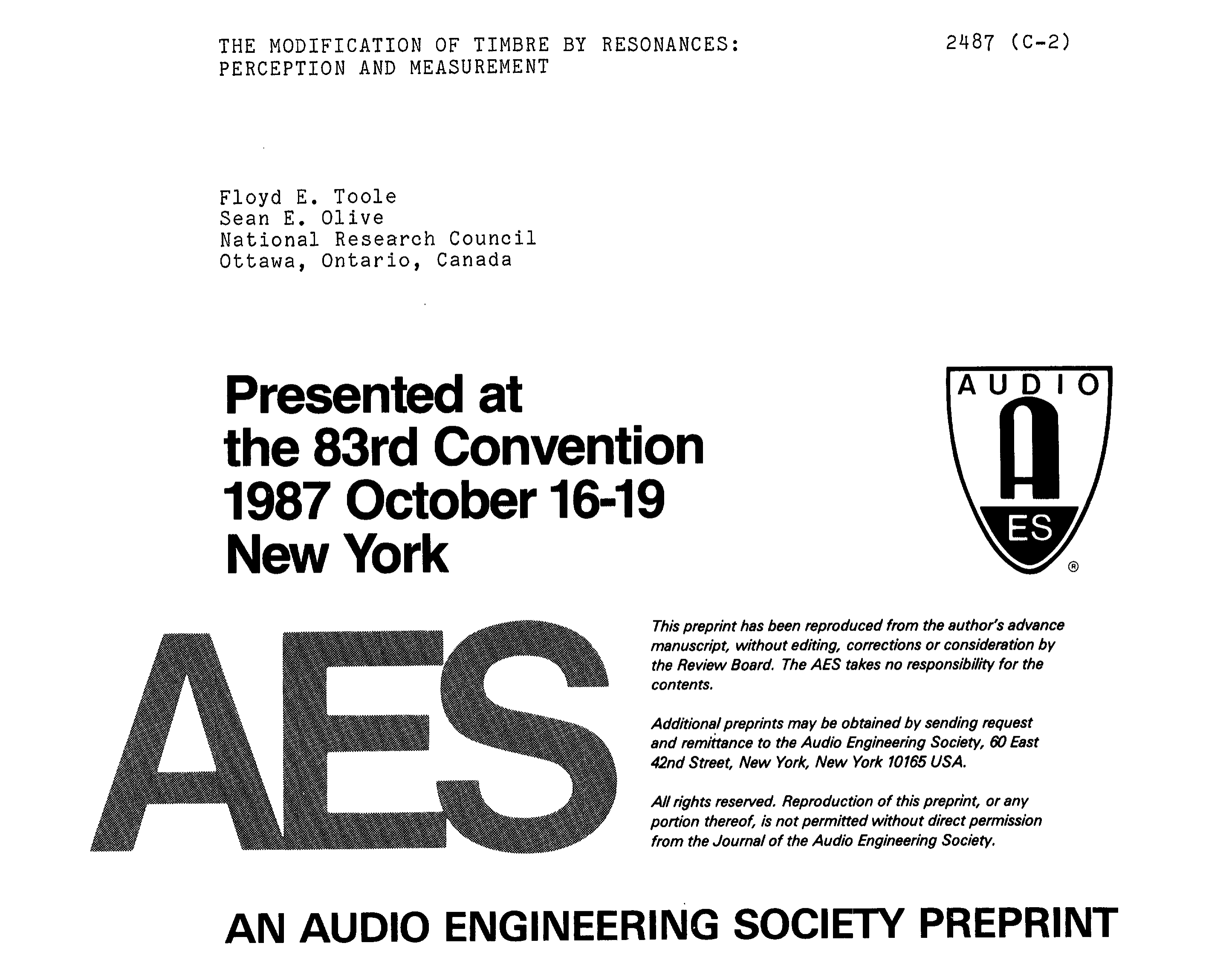 AES E-Library » The Modification of Timbre by Resonances: Perception and  Measurement